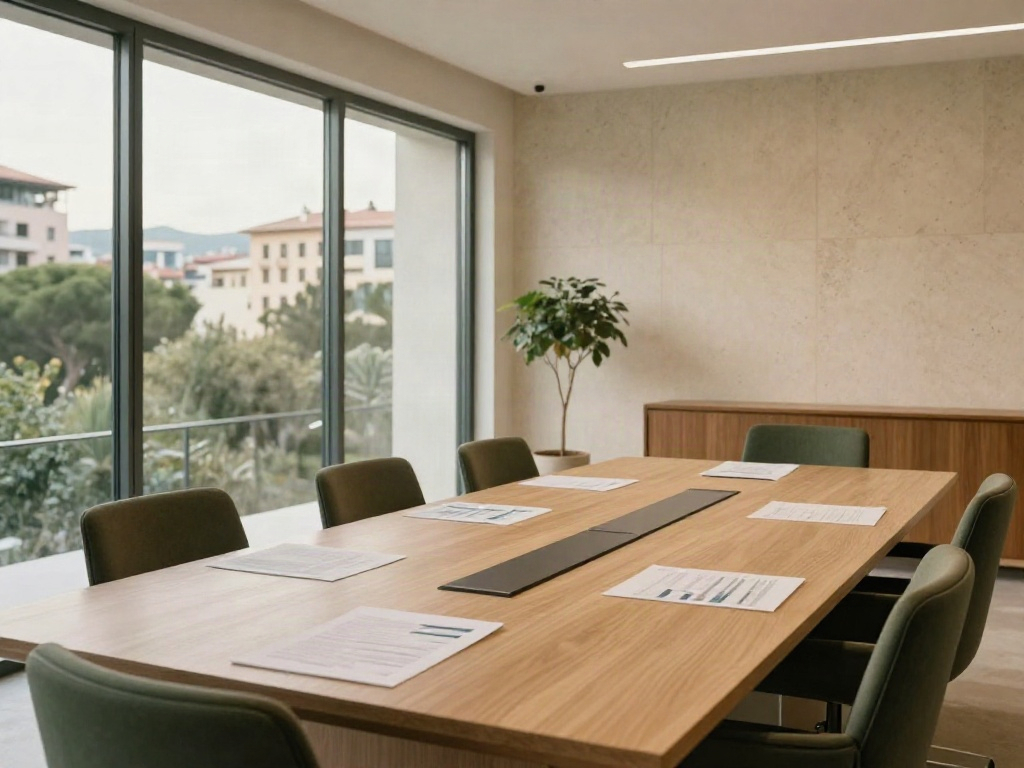An inviting boardroom with business reports, warm wood, and natural light